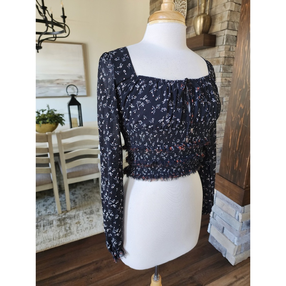 Free People‎ Boho Black Floral Smocked Lolita Long Sleeve Square Neck Womens XS